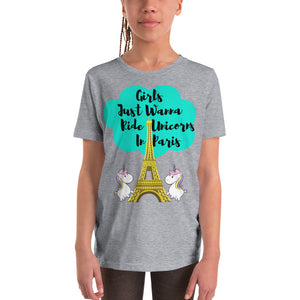 Girls Just Wanna Ride Unicorns In Paris Youth T-Shirt